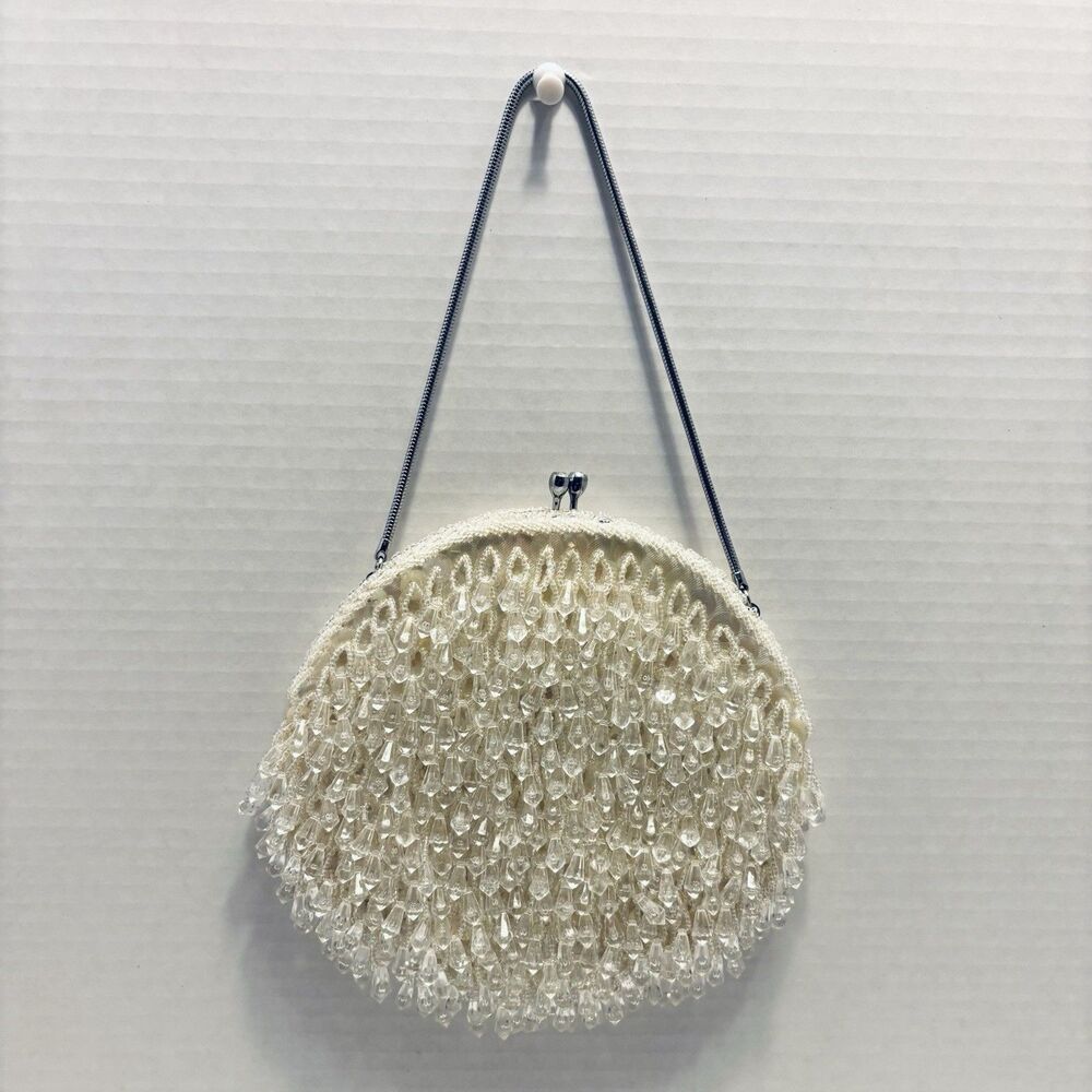 Beaded Bag Purse by Joseph Magnin Hand Made Off White Evening Wedding Handbag